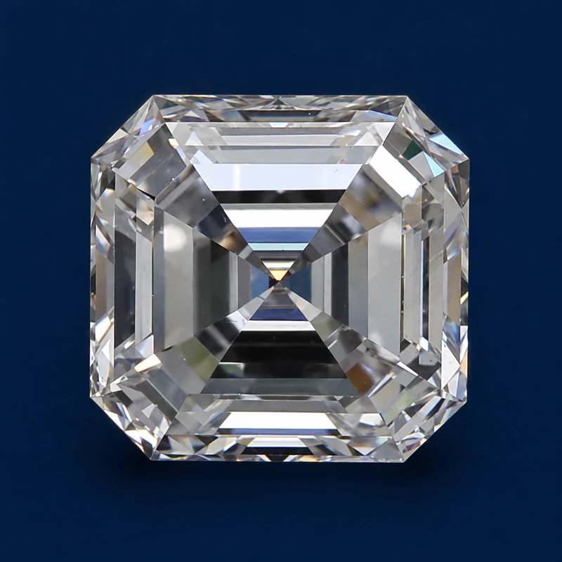 Asscher loose diamond photographed face-up on a navy background