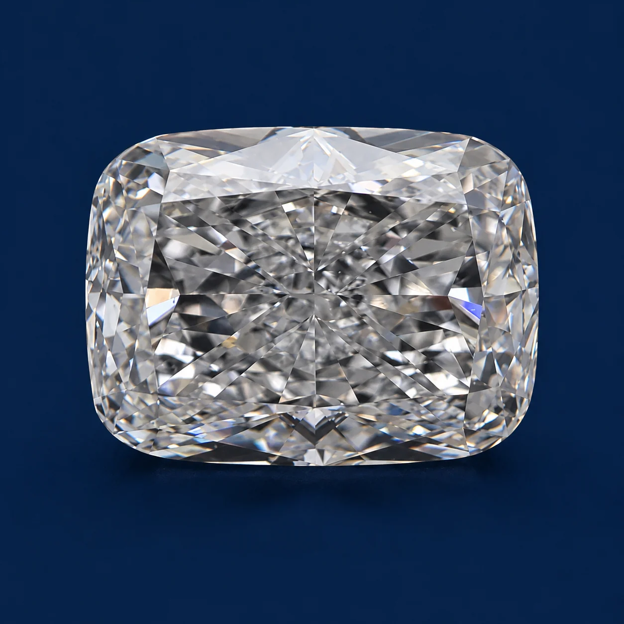 Cushion loose diamond photographed face-up on a navy background