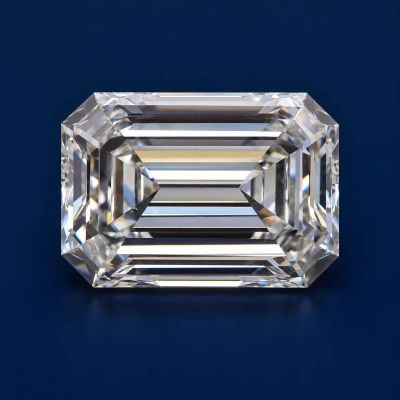 Emerald loose diamond photographed face-up on a navy background