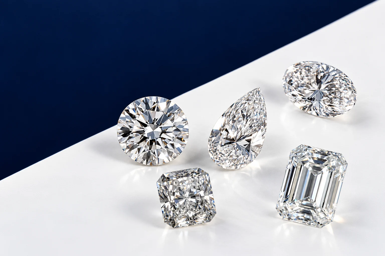 Five loose diamonds in different cuts — round brilliant, pear, oval, radiant and emerald — on a navy and white background