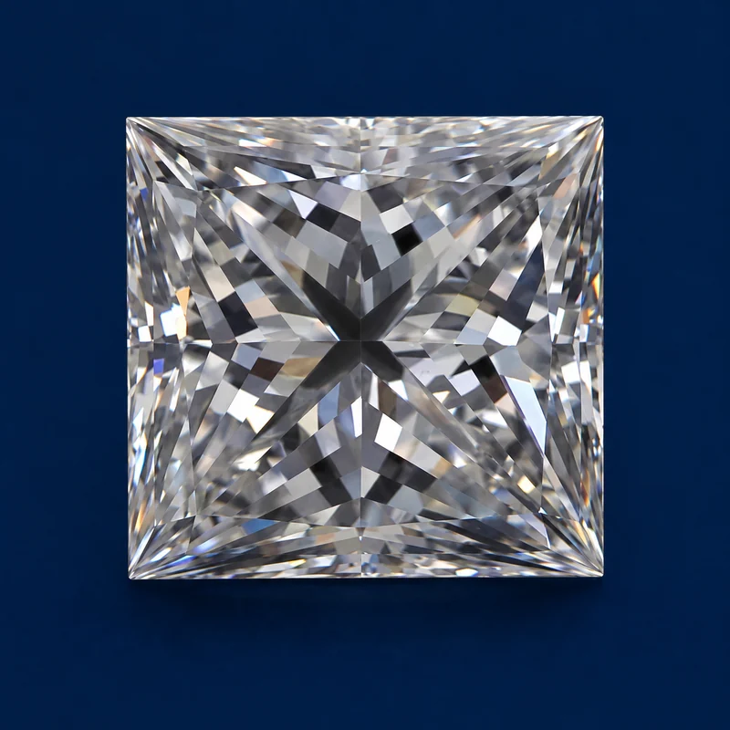 Princess loose diamond photographed face-up on a navy background