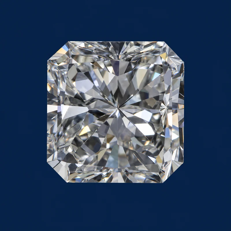 Radiant loose diamond photographed face-up on a navy background