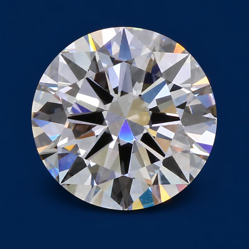 Round brilliant loose diamond photographed face-up on a navy background
