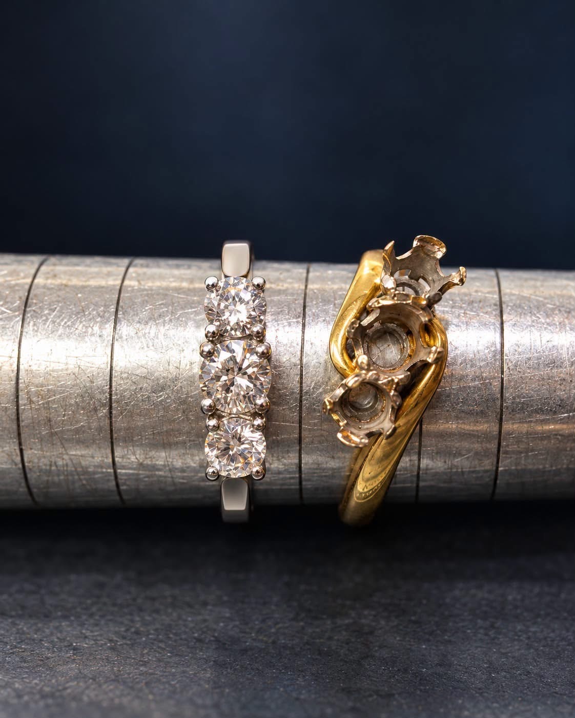 Original yellow gold three stone setting beside the customer's new Platinum 950 three stone ring