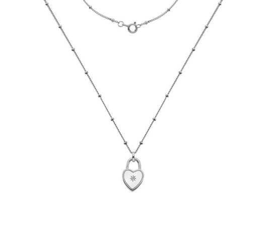 Sterling Silver Diamond Set Heart Padlock Pendant & Chain