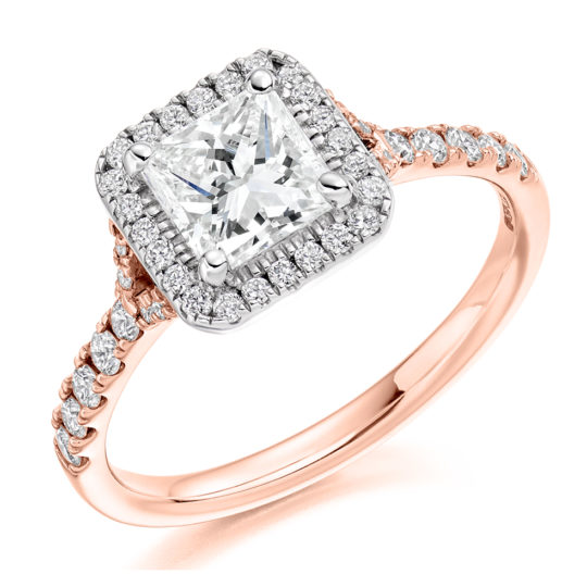 18ct Rose Gold Princess Cut Diamond Halo Engagement Ring 1.20ct