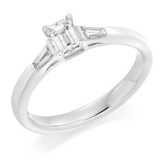 Platinum Emerald Cut & Baguette Cut Diamond Engagement Ring 0.57ct