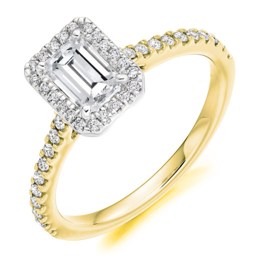 18ct Yellow Gold Emerald Cut Diamond Halo Engagement Ring 1.00ct