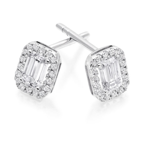 18ct White Gold Emerald Cut & Brilliant Cut Diamond Halo Earrings 0.70ct
