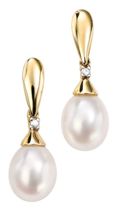 9ct Yellow Gold Freshwater Pearl & Diamond Drop Earrings