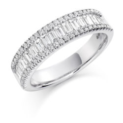 Platinum Brilliant Cut & Baguette Cut Diamond Micro Claw Set Three Row Dress Ring 1.25ct