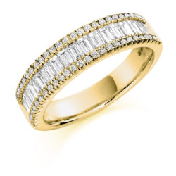 18ct Yellow Gold Brilliant Cut & Baguette Cut Diamond Micro Claw Set Three Row Dress Ring 1.25ct