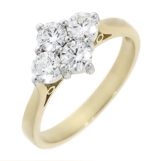 18ct Yellow Gold Brilliant Cut Diamond Four Stone Cluster Dress Ring 1.00ct