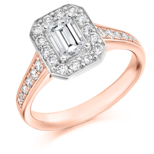 18ct Yellow Gold Emerald Cut Diamond Halo Engagement Ring 1.10ct