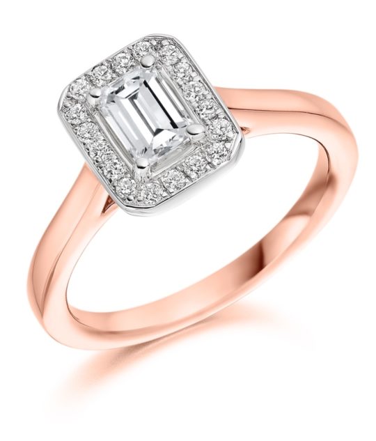 18ct Yellow Gold Emerald Cut Diamond Halo Engagement Ring 0.65ct