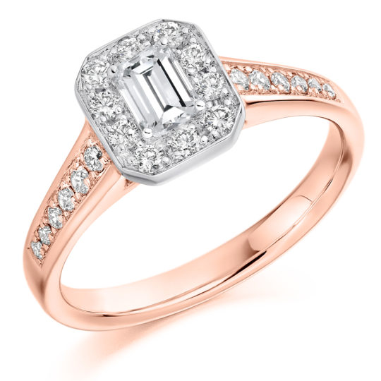 18ct Yellow Gold Emerald Cut Diamond Halo Engagement Ring 0.68ct
