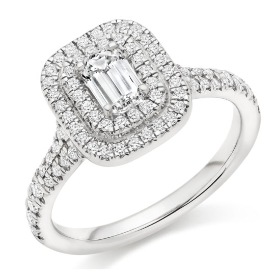Platinum Emerald Cut Diamond Double Halo Engagement Ring 1.00ct