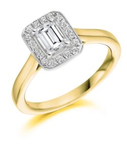 18ct Yellow Gold Emerald Cut Diamond Halo Engagement Ring 0.65ct
