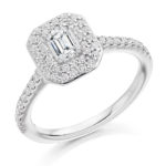 18ct Yellow Gold Emerald Cut Diamond Double Halo Engagement Ring 0.83ct