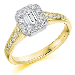 18ct Yellow Gold Emerald Cut Diamond Halo Engagement Ring 0.68ct