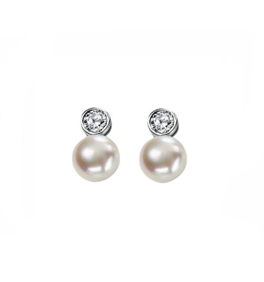 Sterling Silver White Freshwater Pearl & Cubic Zirconia Stud Earrings