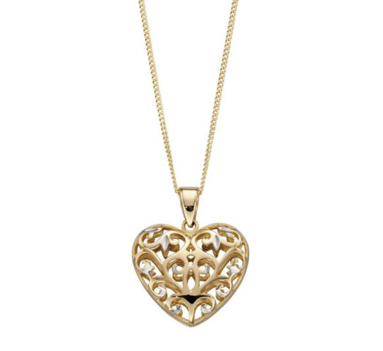 9ct Yellow & White Gold Filigree Open Heart Pendant