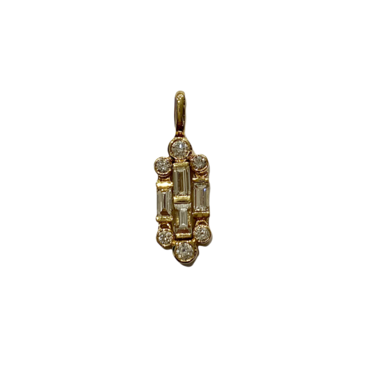 18ct Yellow Gold Brilliant Cut & Baguette Cut Diamond Art Deco Style Pendant 0.61ct