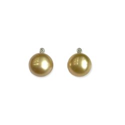 SUPER DEAL: 18ct White Gold Golden South Sea Pearl & Diamond Stud Earrings