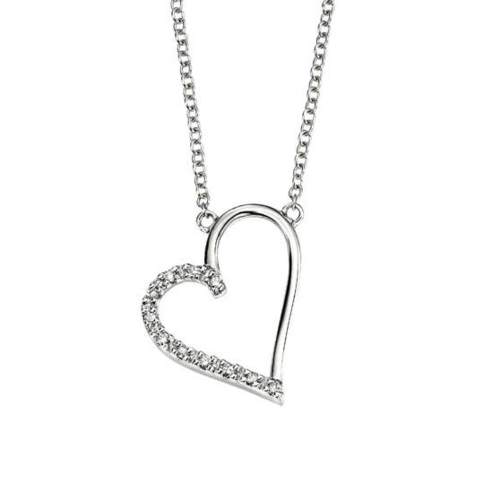 9ct White Gold Diamond Set Open Heart Pendant & Chain