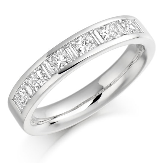 Platinum Princess Cut & Baguette Cut Diamond Channel Set Half Eternity Ring 1.00ct