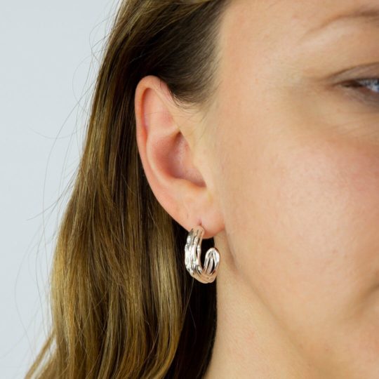 Sterling Silver Bamboo Style & Cubic Zirconia Hoop Earrings
