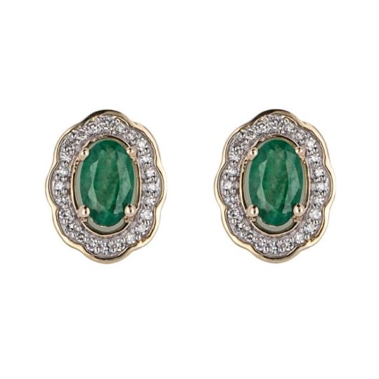 9ct Yellow Gold Emerald & Diamond Cluster Earrings