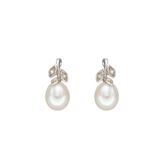 9ct White Gold Freshwater Pearl & Diamond Stud Earrings