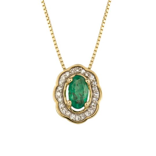 9ct Yellow Gold Emerald & Diamond Cluster Pendant