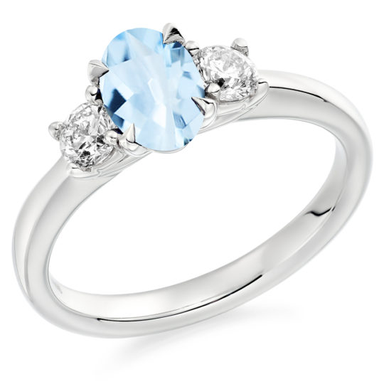 Platinum Oval Cut Aquamarine & Brilliant Cut Diamond Trilogy Ring