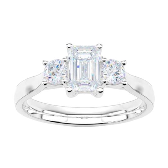 Platinum Emerald Cut & Brilliant Cut Diamond Trilogy Engagement Ring 0.92ct