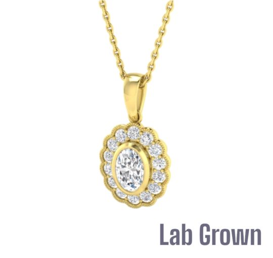 Lab Grown 9ct Yellow Gold Oval Cut & Brilliant Cut Diamond Halo Pendant & Chain 0.70ct