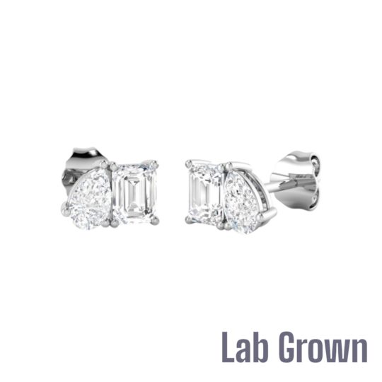 Lab Grown 9ct White Gold Pear Cut & Emerald Cut Diamond Toi Et Moi Earrings 0.98ct