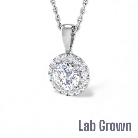 Lab Grown 9ct White Gold Brilliant Cut Diamond Halo Pendant & Chain 0.61ct