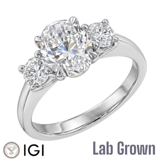 Lab Grown Platinum Oval Cut & Brilliant Cut Diamond Trilogy Engagement Ring 2.20ct