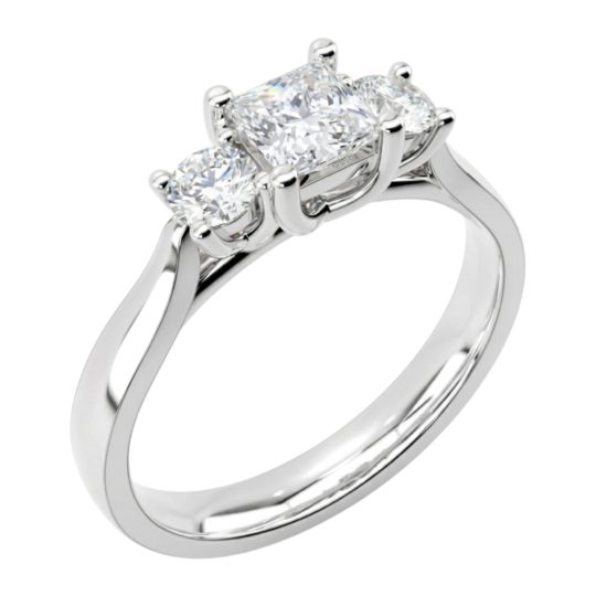 Platinum Princess Cut & Brilliant Cut Diamond Trilogy Engagement Ring 0.80ct