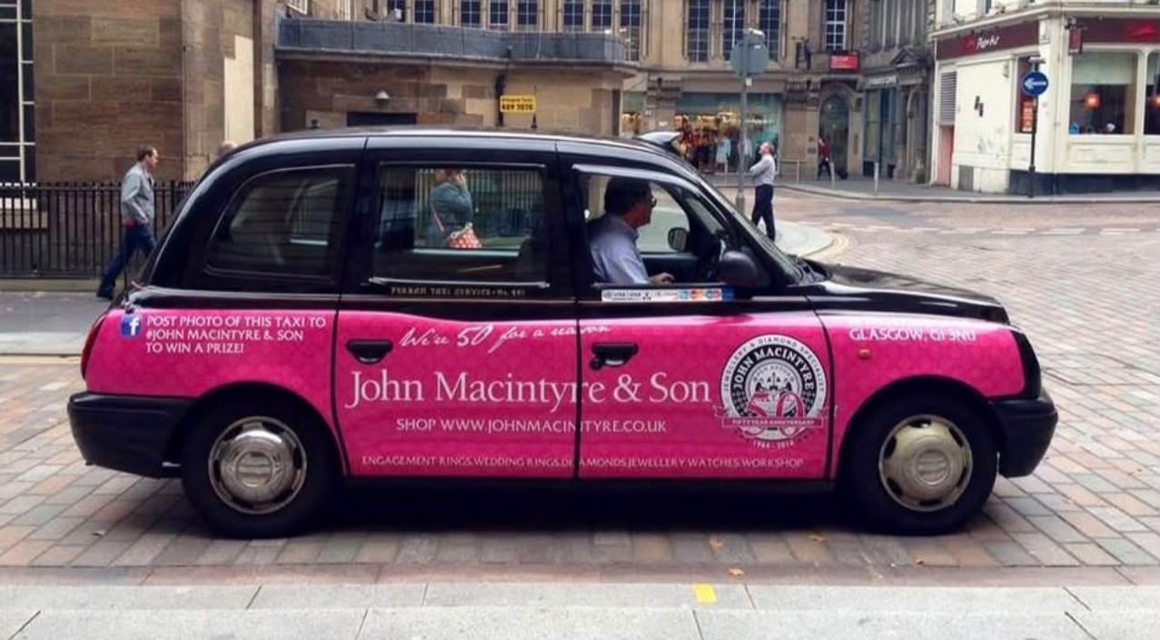 John Macintyre & Son Glasgow taxi during the 2015 “We’re 50 for a year” anniversary campaign