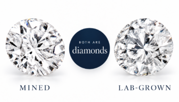 A mined and a lab-grown round brilliant diamond shown side by side
