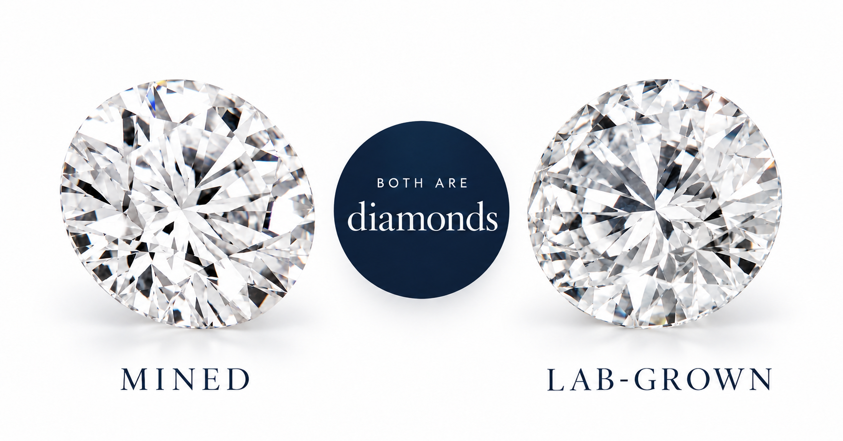 A mined and a lab-grown round brilliant diamond shown side by side, with the words Both are diamonds