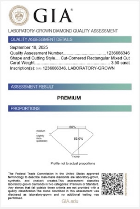 Example GIA Laboratory-Grown Diamond Quality Assessment showing a Premium result