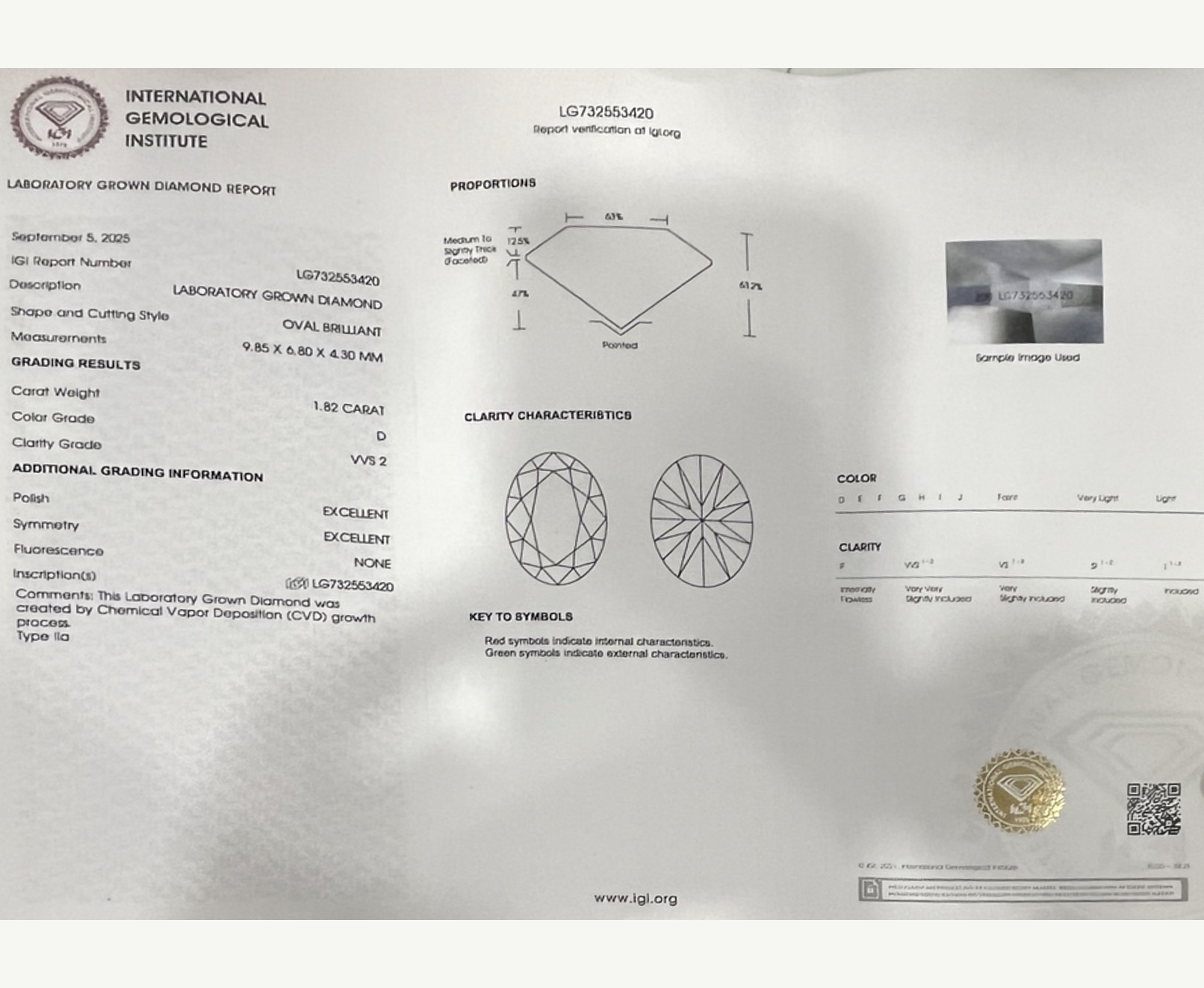 IGI Laboratory-Grown Diamond Report number LG732553420