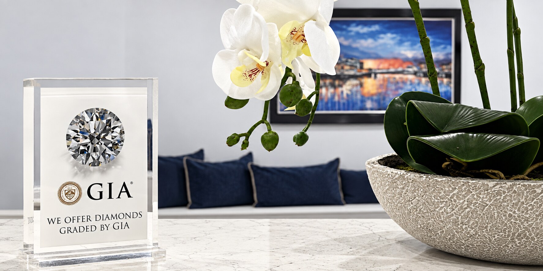 John Macintyre & Son Glasgow showroom with GIA diamond display and orchids