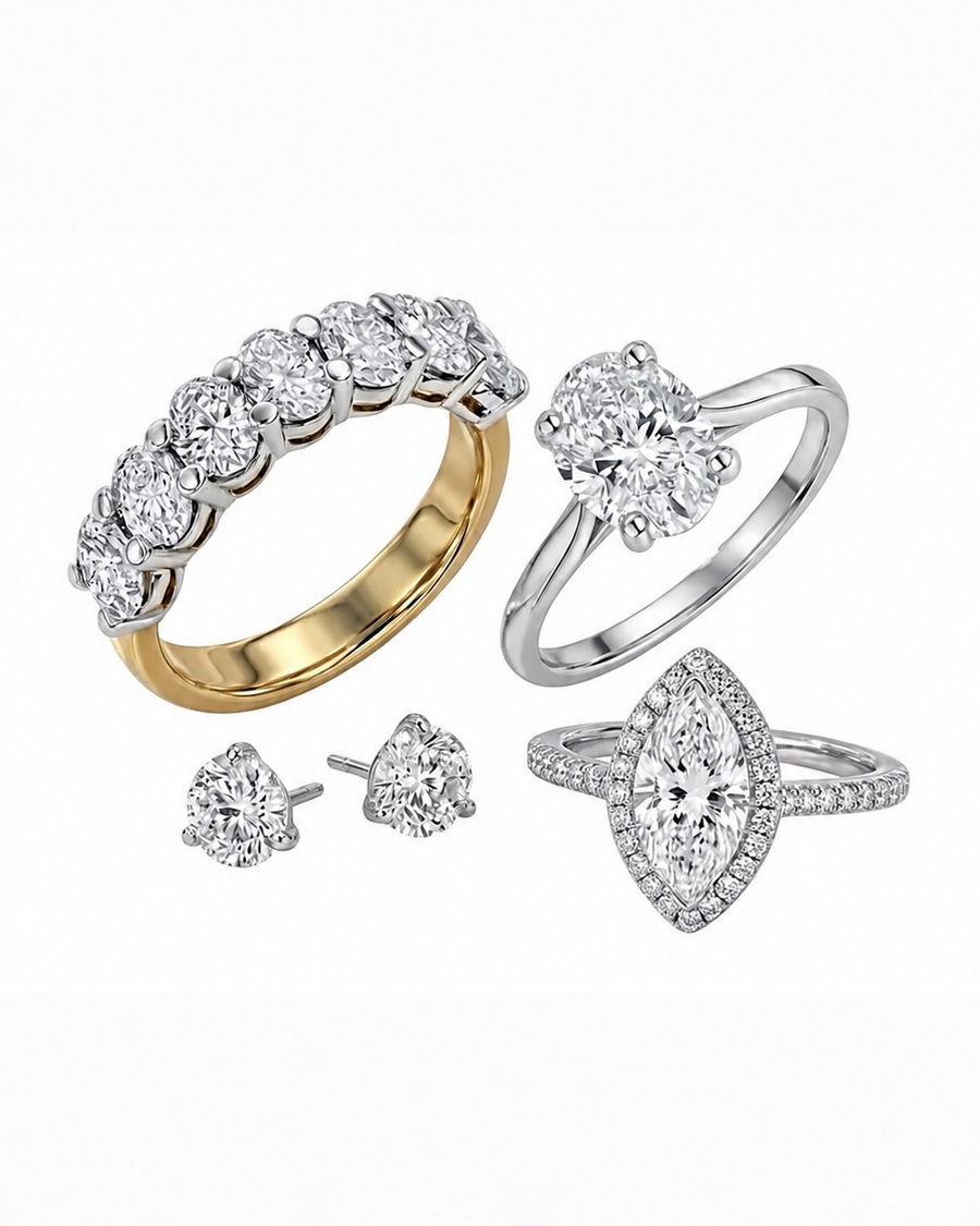 Lab-grown diamond rings and stud earrings on a silver-white background