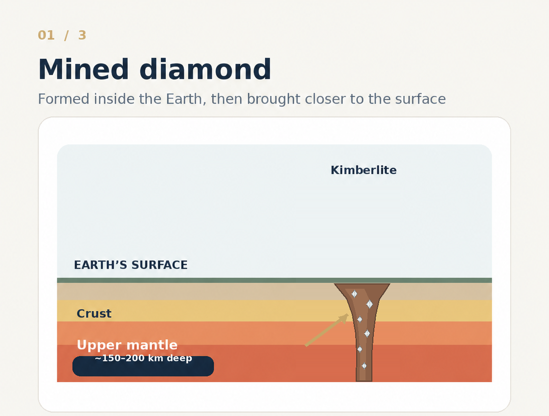 Simplified diagram showing mined diamond formation in the upper mantle and transport in kimberlite