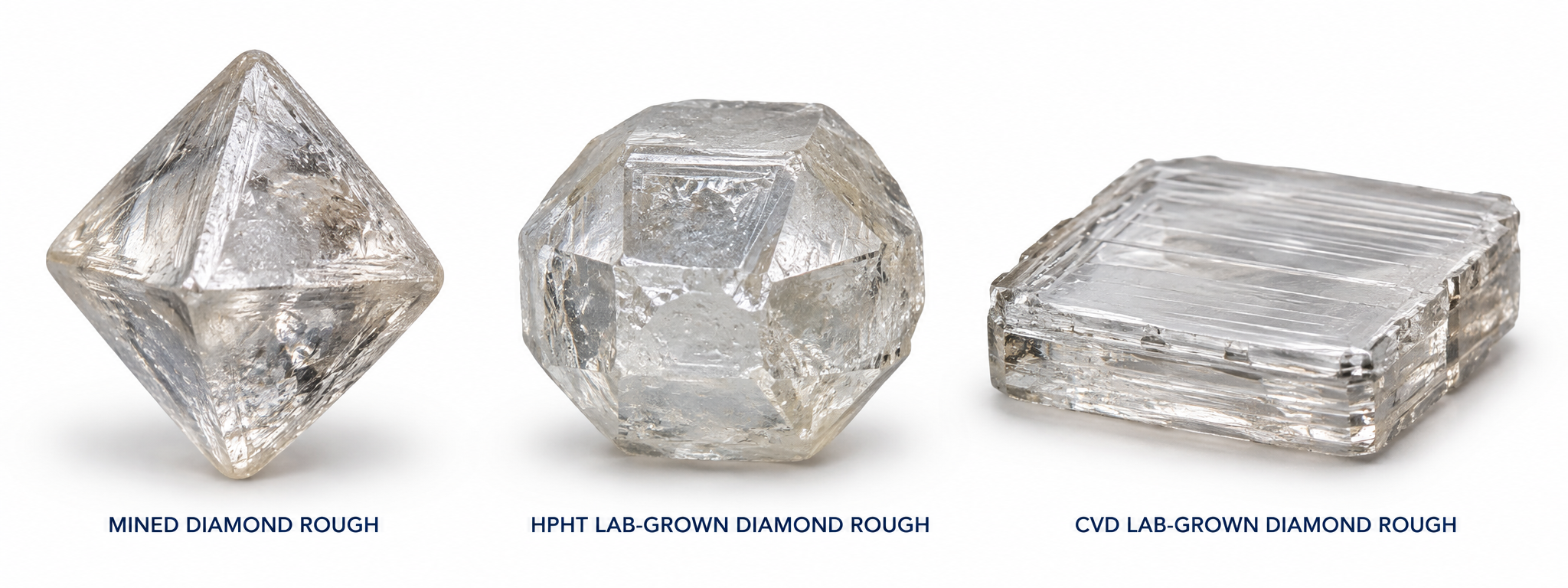 Typical rough crystal forms of a mined diamond, an HPHT lab-grown diamond and a CVD lab-grown diamond